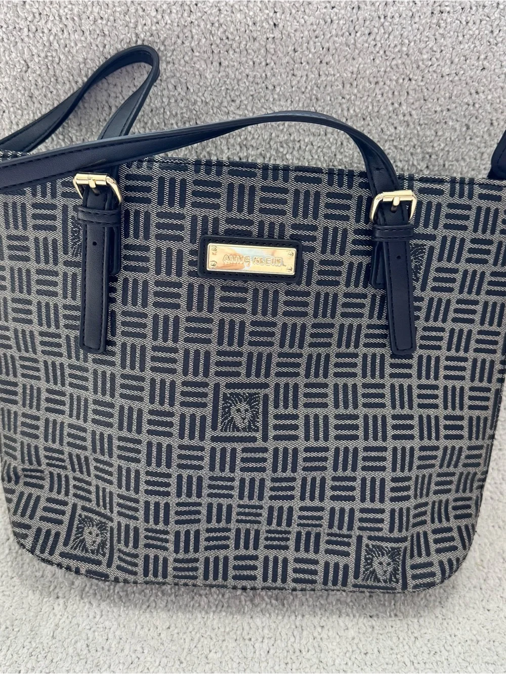 Anne Klein Navy Blue Patterned Shoulder Bag with Gold Accent